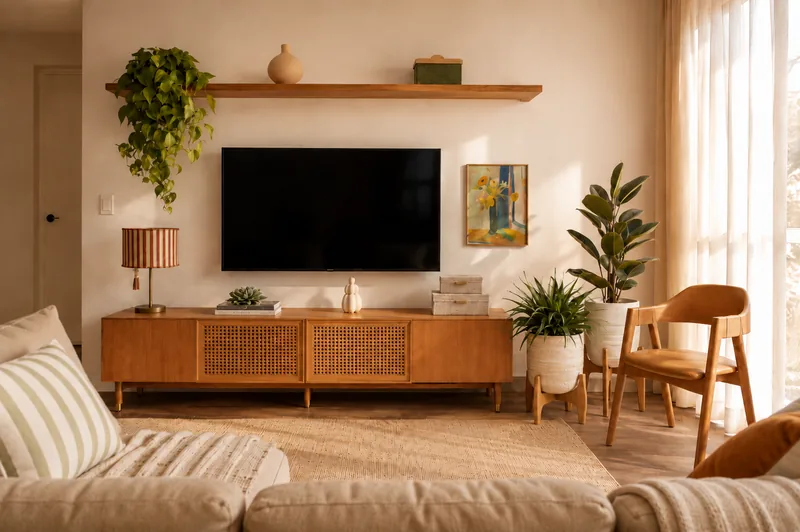 Sala de TV com rack de madeira, plantas e luz natural